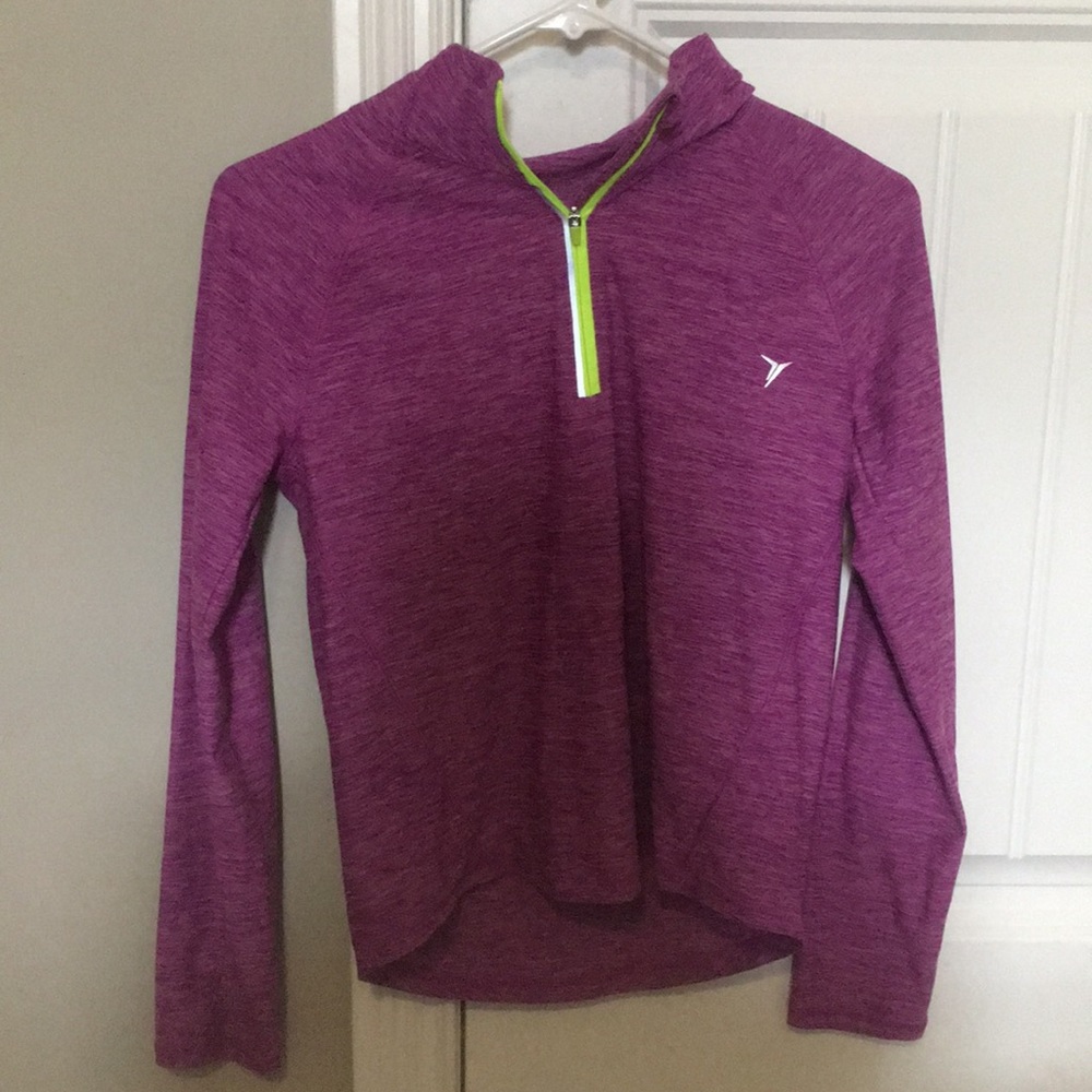 Purple pullover with neon yellow zipper